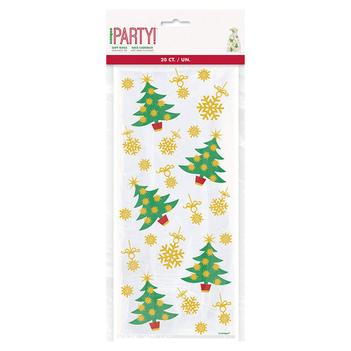 A package of 5 inch by 11 inch Unique Party Christmas Golden Cello Bags.