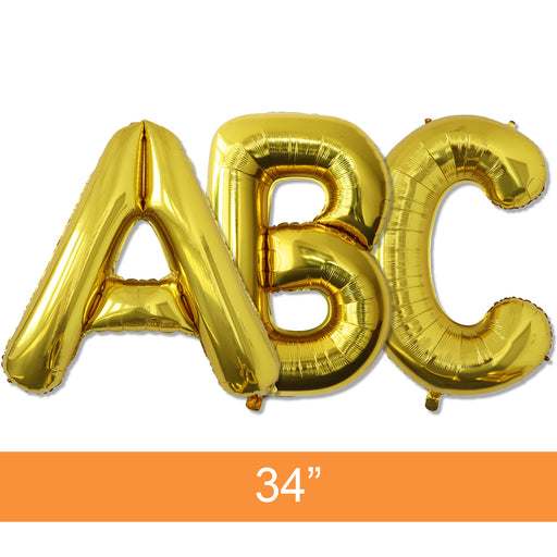 34-Inch gold mylar letter balloons, Available in letters A-Z , #, and ?.