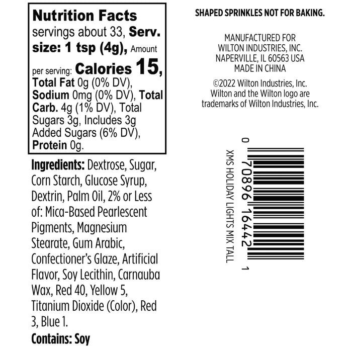 The Nutrition facts of Wilton Holiday Lights Christmas Sprinkle Mix.