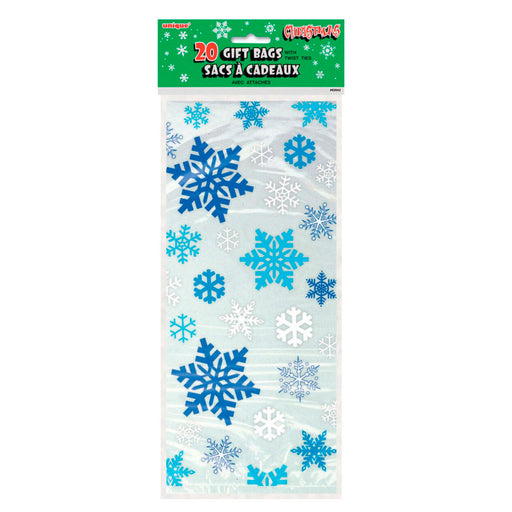 A package of Unique Party 5 inch by 11 inch Christmas Blue and White Snowflake Cello Bags.