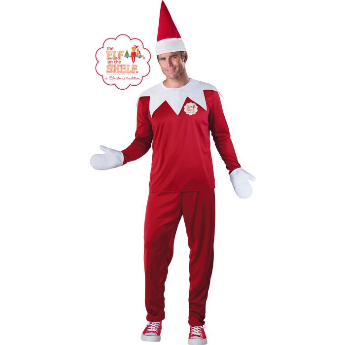 A man wearing an adult The Elf on the Shelf® Mister Elf costume.