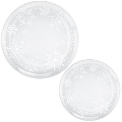 Showing two sizes of plates in the Dancing Snowflakes Clear Plastic Dinner Plates Multipack.