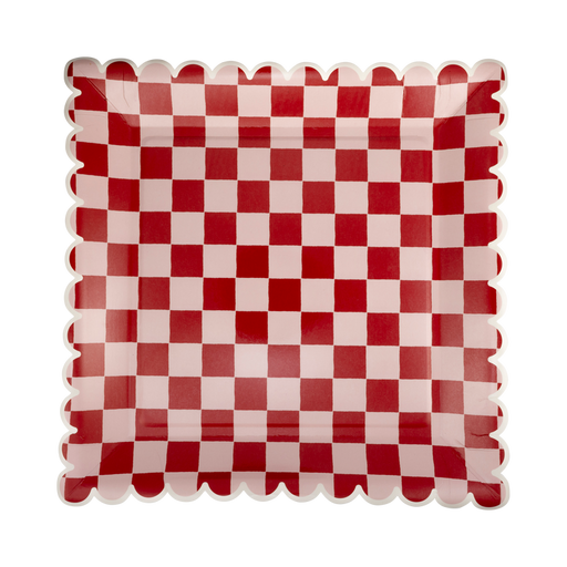 A 10 inch Christmas Pink and Red Checked Paper Plate.  Comes in a package of 8.