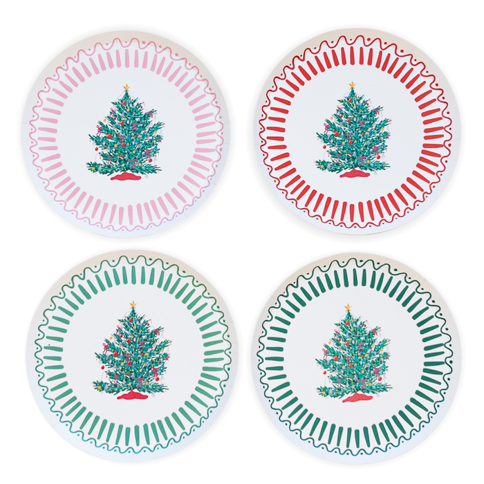 A group of the four designs in a pack of 8-inch Christmas Tree Small Plates