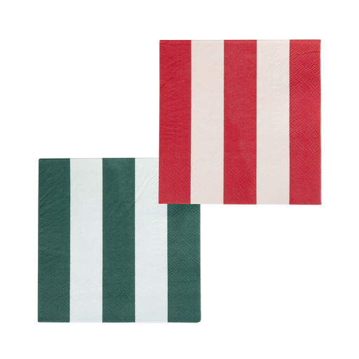 A Christmas Red and Pink Green and Mint Striped Beverage Napkin Set.