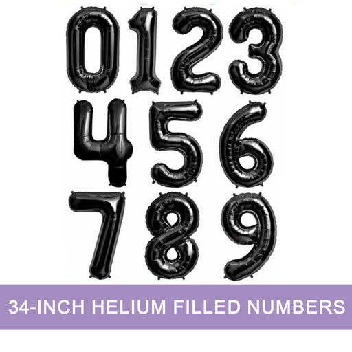 34-inch Black Jumbo Number Balloons. Showing numbers 0-9.