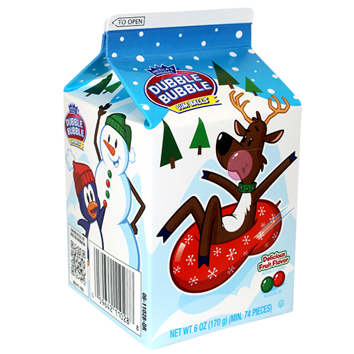 A 6 ounce Christmas Dubble Bubble Gumball Carton.