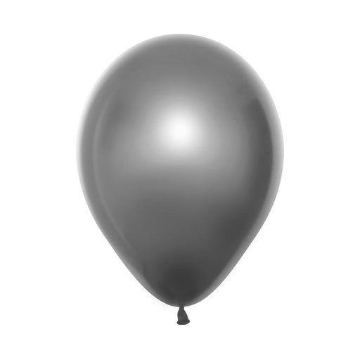 An inflated 11-inch Metallic Silver Latex Balloon.