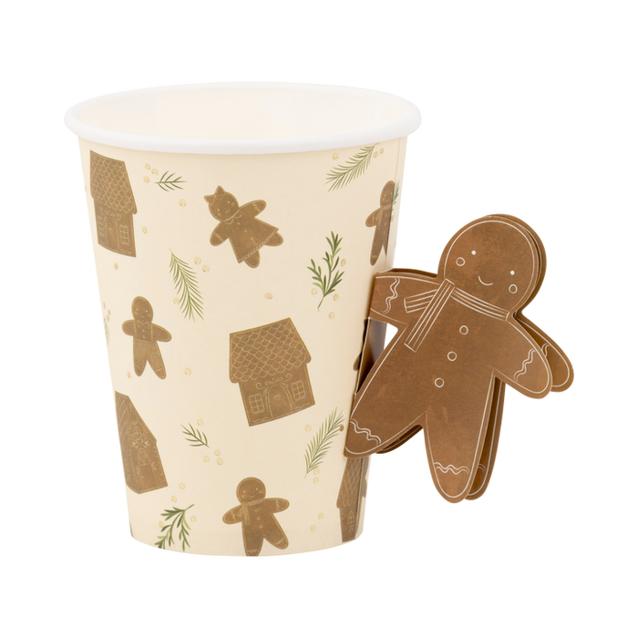 A 12 ounce Christmas Whimsy Gingerbread Handled Paper Cup.  Comes in a package of 8.