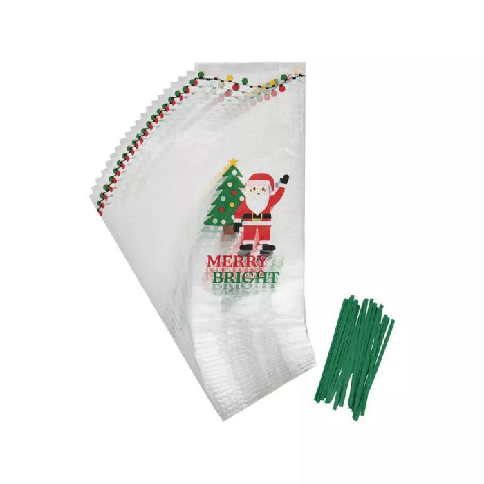 Wilton 20ct Merry and Bright Favor Bags showing all 20 bags spread out with the matching green twist ties.