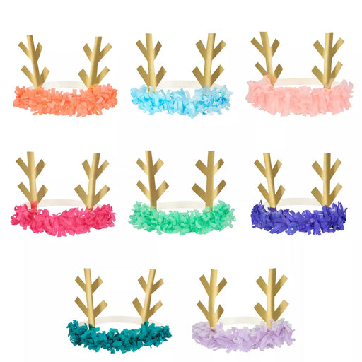 I pic of all eight colors included in the Meri Meri Christmas Reindeer Fringe Antler Headbands.