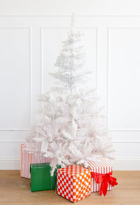 Christmas Holographic Tinsel hanging on a Christmas tree.