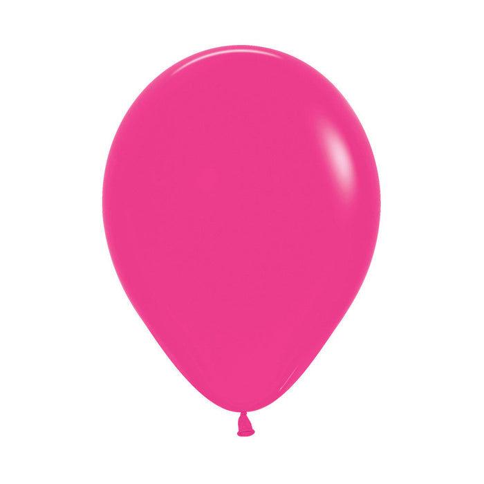 An inflated 11-inch Deluxe Fuchsia, Latex Balloon.