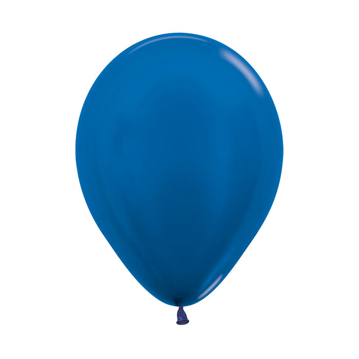 An inflated 11-inch Metallic Blue Latex Balloon.