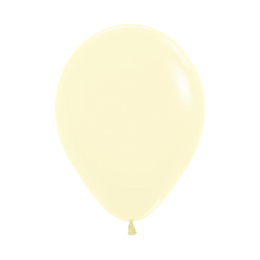 An inflated 11-inch Pastel Matte Yellow Latex Balloon.