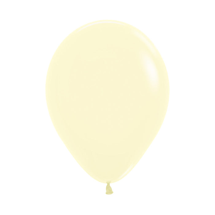 An inflated 11-inch Pastel Matte Yellow Latex Balloon.