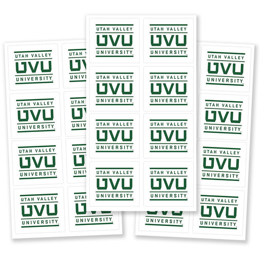 3 Sheets of UVU Block Logo Stickers.  Each sheet contains eight UVU block logo stickers.