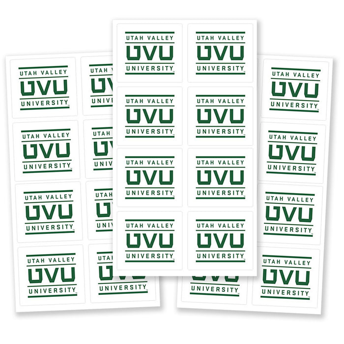 3 Sheets of UVU Block Logo Stickers.  Each sheet contains eight UVU block logo stickers.