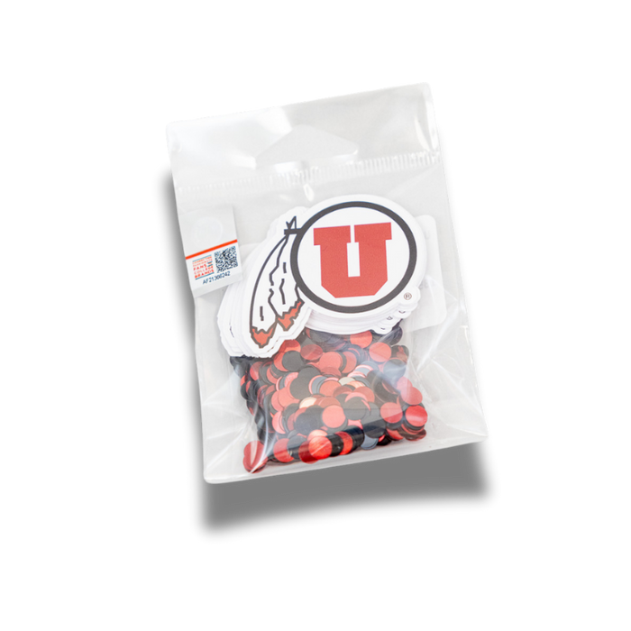 A package of U of U U Feather Black-Red Deco-Fetti.