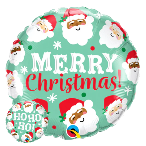 A product image showing the front and back of a 18-inch round Christmas Ho Ho Ho Santa - Merry Christmas Mylar Balloon.