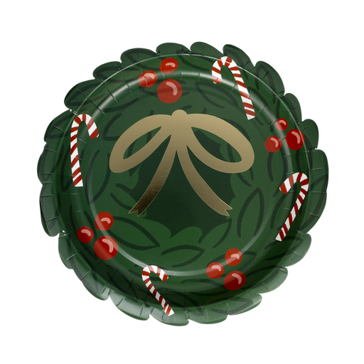 A 9 inch Christmas Wreath Shaped Paper Plate.