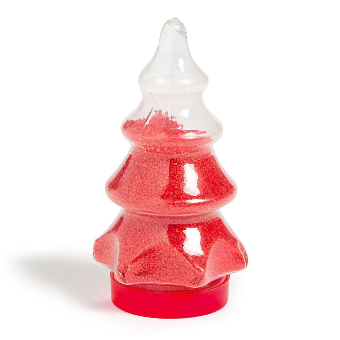 A 3.5" clear plastic Christmas tree filled with red magic sand