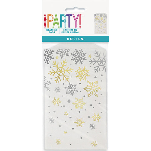 A package of Unique Party co 4 by 6 inch Christmas Holiday Snowflakes Glassine Treat Bags.