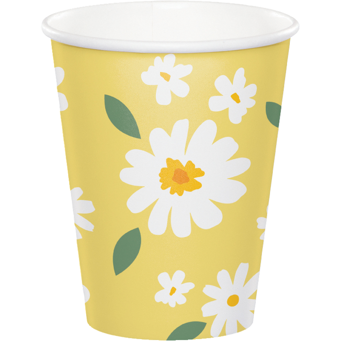 A Sweet Daisy Paper 9 ounce paper cup. Cups come in a pack of 8.