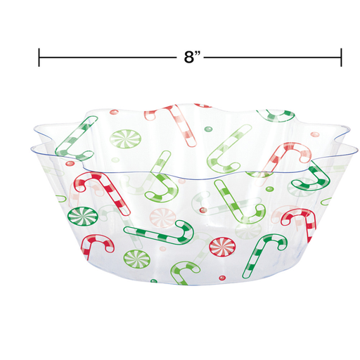 This  8" Christmas Candy Flute Bowl is perfect for the holidays. With 1 bowl per package and featuring decorative red and green candy canes, it is the perfect addition to your holiday decor.