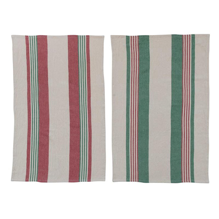 Christmas Cotton Printed Tea Towels w/ Stripes & Jute & Wood Bead Tie | 2 ct