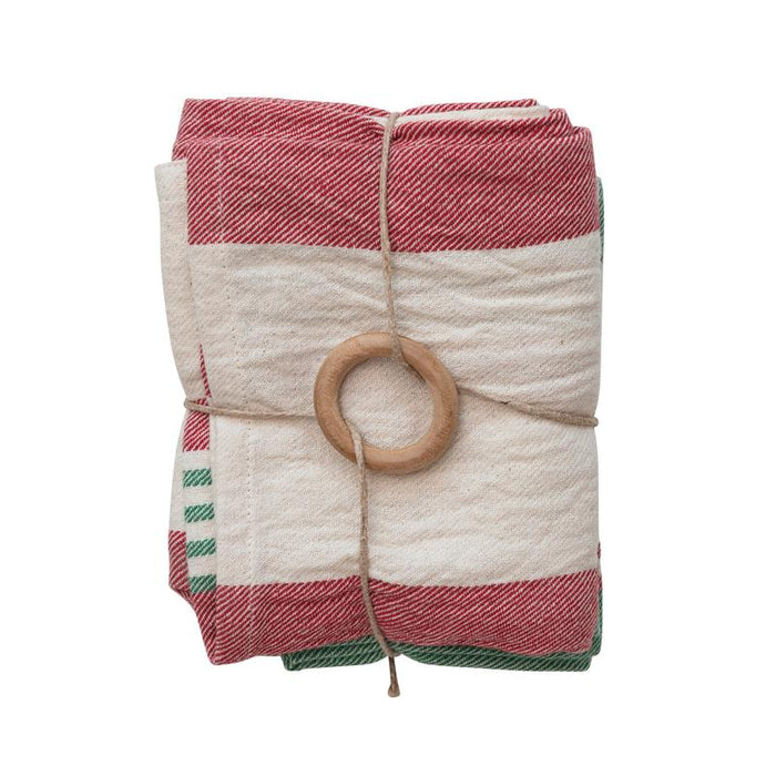 Christmas Cotton Printed Tea Towels w/ Stripes & Jute & Wood Bead Tie | 2 ct