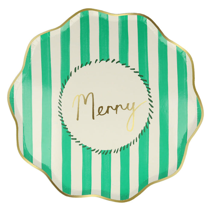 Striped Christmas Dinner Plate, green stripe "Merry" design