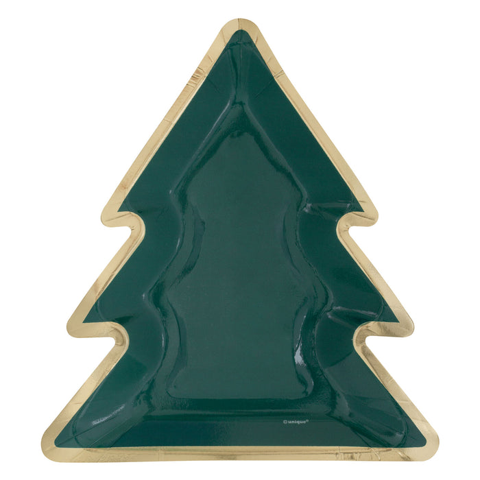 A 8-inch Unique Industries Christmas Holly Days Tree Shaped Paper Plate.