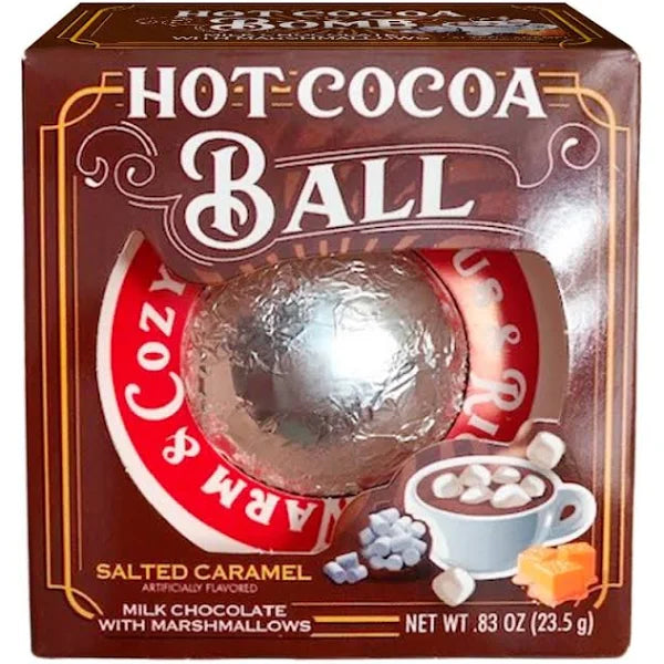 A packaged .83 ounce Alberts Candy company Christmas Salted Caramel Milk Chocolate Hot Cocoa Ball with Marshmallows.