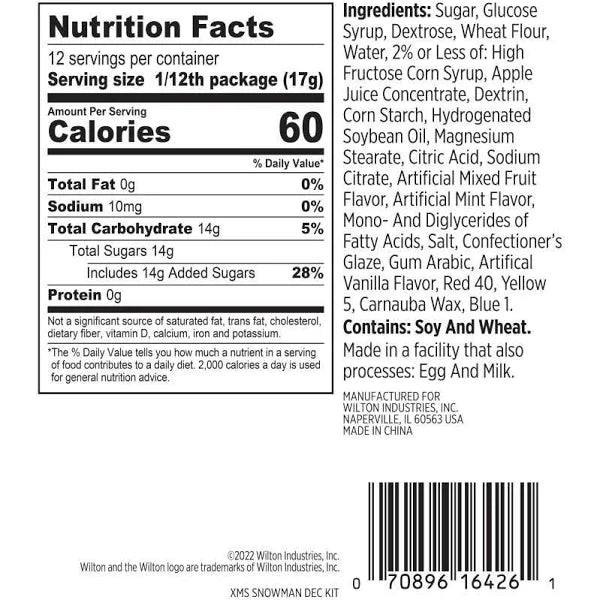 The nutrition facts of a packages of Christmas Winter Snowman Cookie or Cupcake Decorating Kit, Decorates 12.