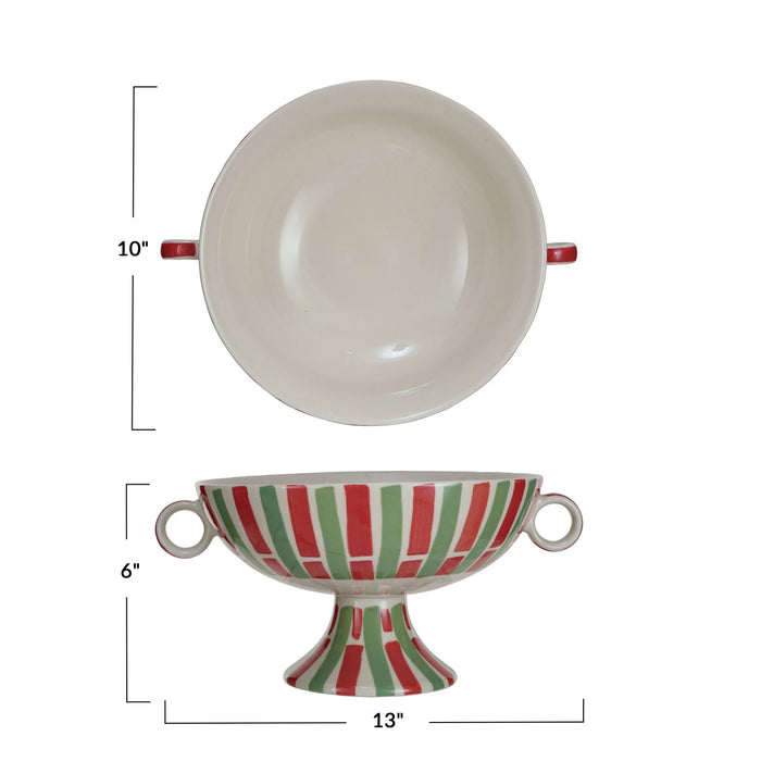 Christmas Stoneware Footed Bowl w/ Handles & Stripes | 1 ct