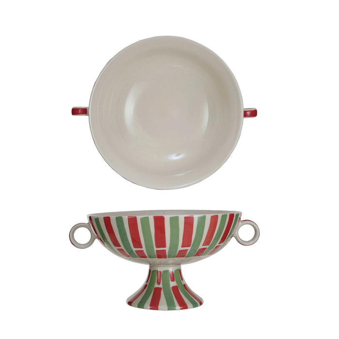 Christmas Stoneware Footed Bowl w/ Handles & Stripes | 1 ct