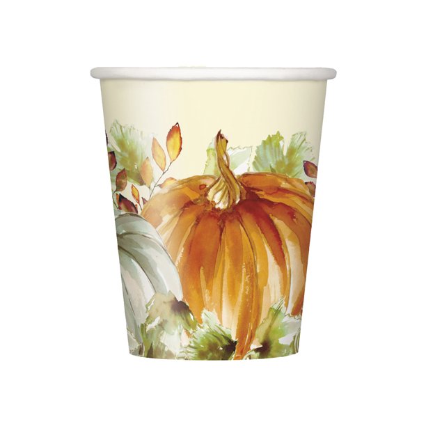 Thanksgiving Watercolor Fall Pumpkin 9oz Paper Cups 8pk| 1 ct