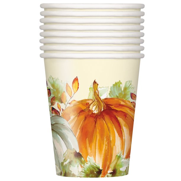 Thanksgiving Watercolor Fall Pumpkin 9oz Paper Cups 8pk| 1 ct