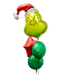 Christmas Grinch Balloon Bouquet with one SuperShape Grinch Balloon two 18 inch green round mylar balloons and one red 18-inch star balloon.